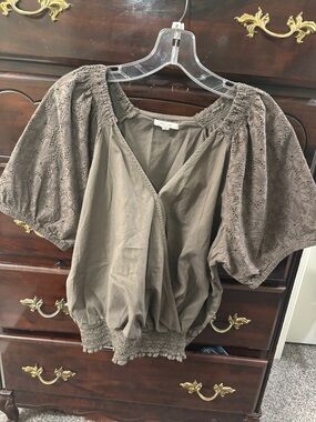 Maurices Taupe Eyelet Puff-Sleeve Smocked Hem Blouse